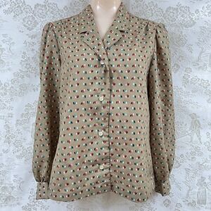 Cos Cob Blouse Grandmacore Vintage Confetti Print Long Sleeve Button Secretary M